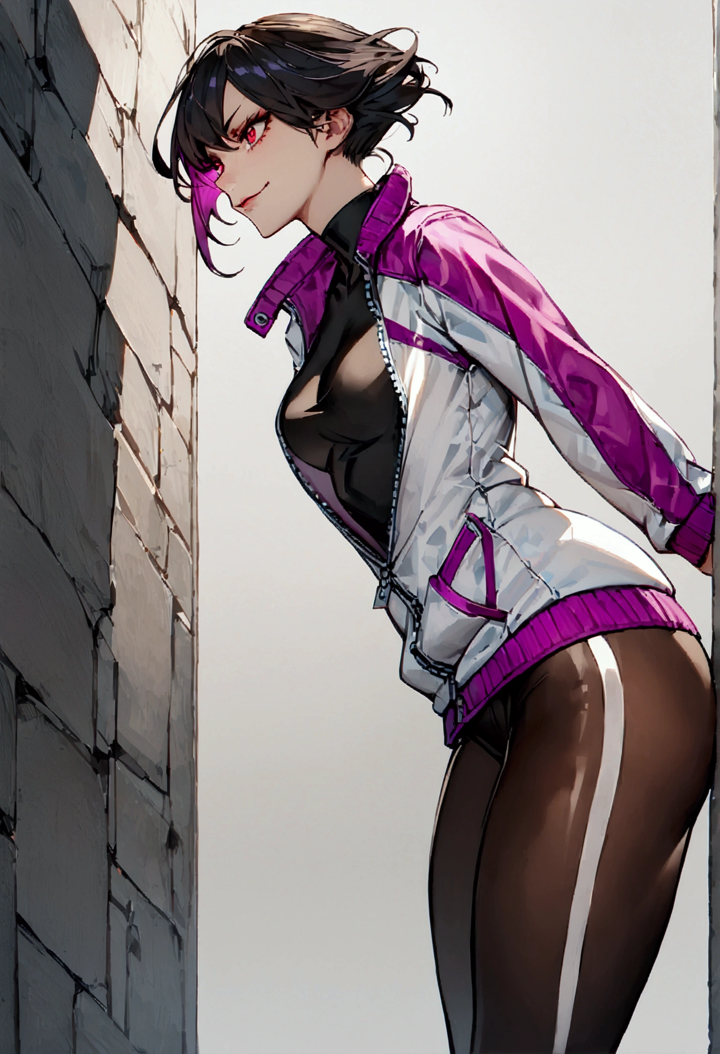 standing,alone,leaning against a broken wall,short hair,work of art,face detailed,beautiful young fitness woman with , in a gym wearing May with black pantyhose, white and purple tight short gym jacket. standing alone,red eyes glowing,Evil smile,legging preto ,labiaa,dark eye shadow,shining eyes,a hand leaning against the wall,neckleace,jacket zipper half open,Tight black shirt,white sports tennis shoes,short hair with purple details,beautiful curves,whole body,hair with purple details,labiaa,detailed face and eyes,work of art,sexy look,pefil from sideways,from sideways,wind in your hair,fully body,oculos nos olhos whole body,fitness,Raby,tempest
