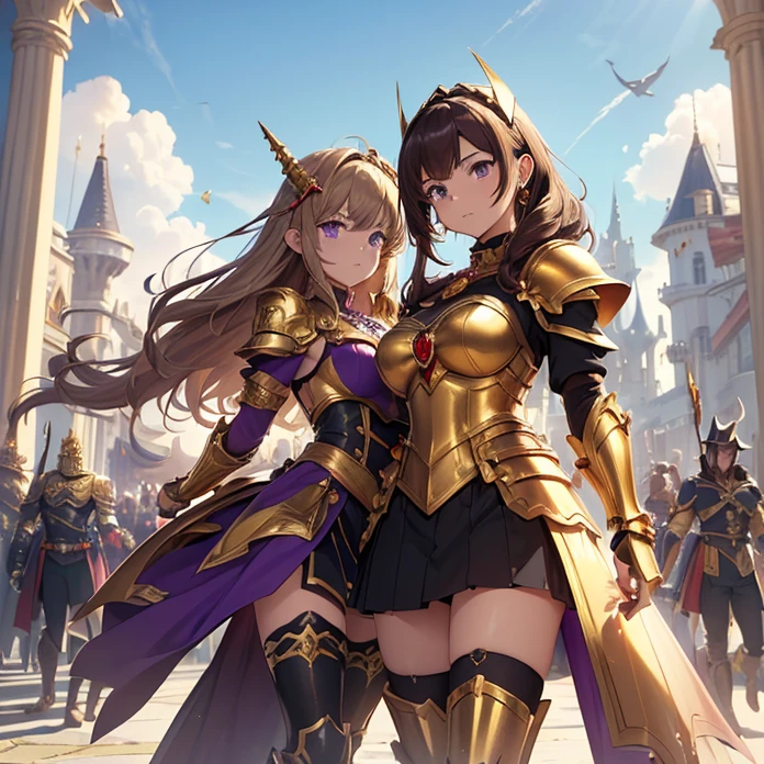 (absurdres, Masterpiece, best quality, no deformity, good anatomy, cowboy shot, front view, character alone) {{1character:900 years old brown-haired elf noble mature beautiful milf princess:,(dark-brown short-messy-spiky-hair with ahoge, fair skin, purple eyes, brown eyebrows),(purple power heavy armor(no body skin),full heavy golden cuirass armor, full bulky big and sharped purple shoulder plates with gold trims, full armored arms and elbows in purple steel, full armored purple gauntlets, full armored steel gold hips, full armored purple legs, full steel gold longboots, steel purple helmet with gold tiara at the top, red-jeweled-gold-necklace(holding with left arm a golden blade sword)),(she is: marching at the tower, watching with courage and seriousness the situation),(castle's deffensive tower, radiant sun in the sky, midday light-blue sky, several golden cannons over the tower's platform)}}