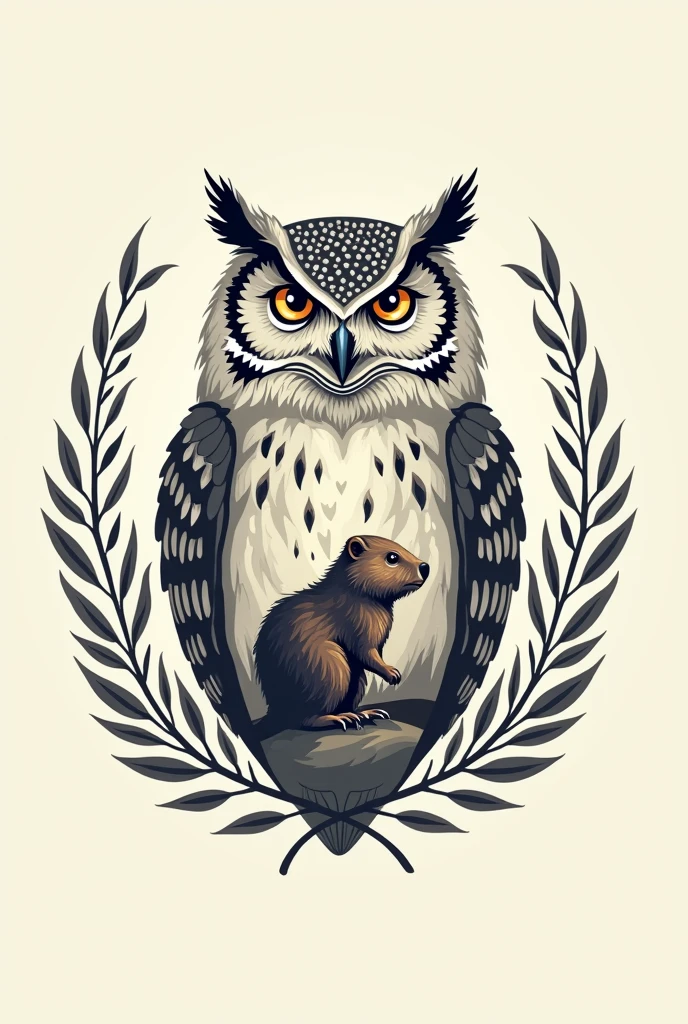 Simple family crest with an owl representing wisdom and intelligence associated with the pedagogy profession and a beaver for civil engineering