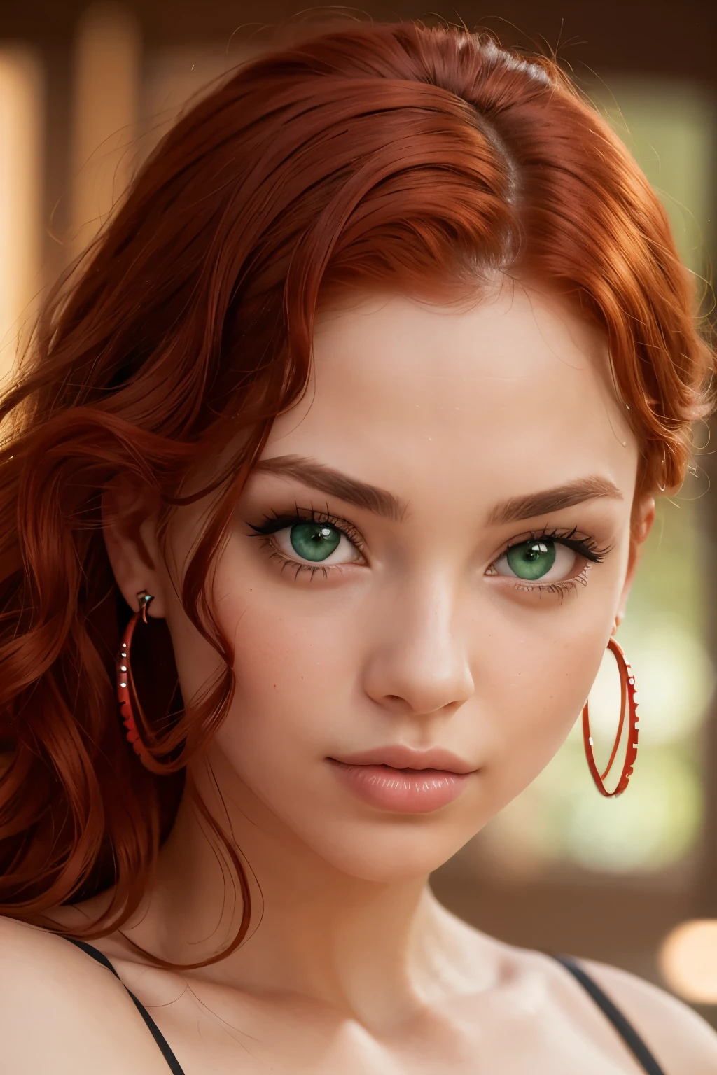 The face of a young woman, green eyes, red curls, nose piercing, ear rings, full lips, index finger in front of the lips, y Blick, detailed face, realistic, datailed lips