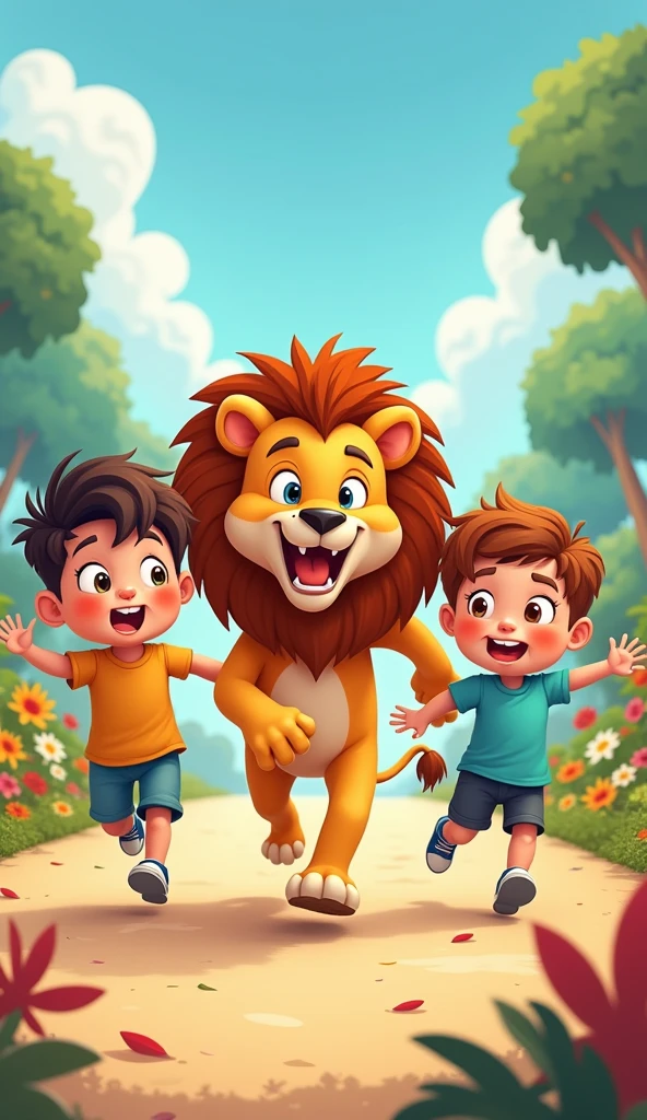 2 kids ke pichhe bhagta hua loin, cartoon
