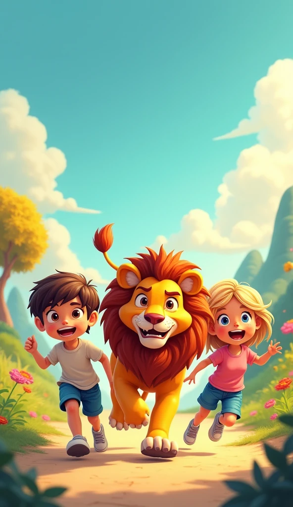 2 kids ke pichhe bhagta hua loin, cartoon