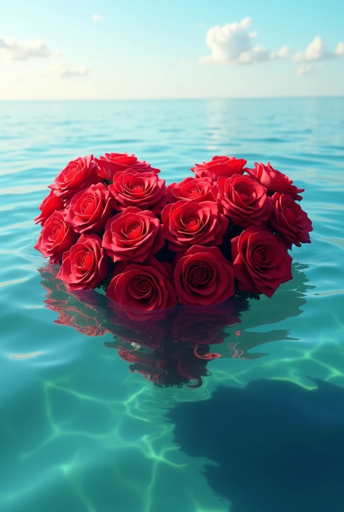 Bookey of red roses in love shape in a ocean
