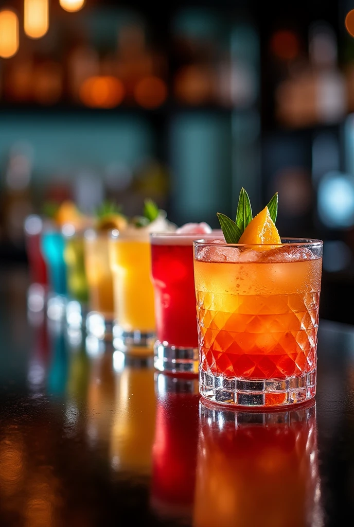 Alcoholic cocktail row on bar background, colorful party drinks. Set of classic cocktails, best-selling cocktails, set of refreshing summer classic cocktails at the bar counter slow motion 4k See Less
