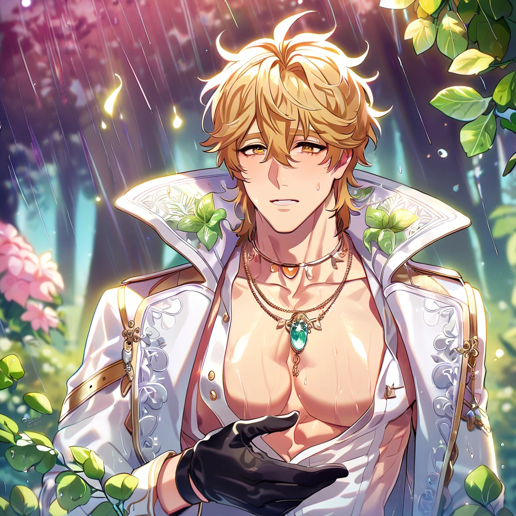 absurdres, highres, ultra detailed, HDR, master piece, best quality, extremely detailed, detailed eyes, Quincy, blonde hair, messy hair, hair between the eyes, expressive amber eyes, Nu Carnival, solo, sexy man, handsome, horny, lewd, transparent white trench coat with accessories, white shirt, showing the chest, necklace, black gloves, spring, flowers, green leaves, magical forest, fantasy, rain