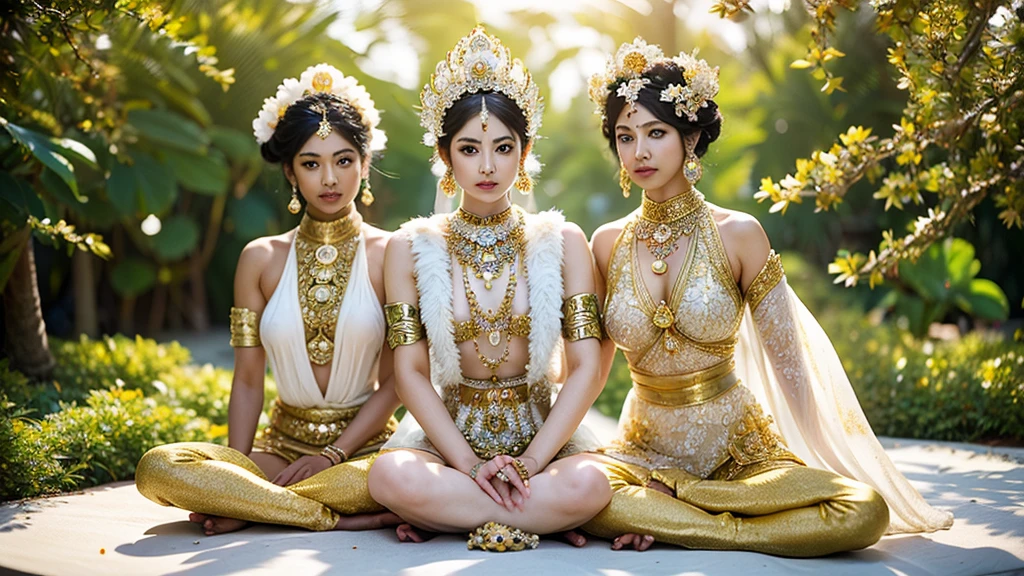 The Hindu goddess Lakshmi with four arms and 4 hands seated on a golden and white Lotus flower adorned with jewels, precious stones and sapphires with a lilac background
