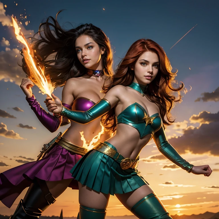 (​masterpiece, best quality:1.5), highest quality, High resolution, super detailed, Realists, Full body photo of 18-year-old Starfire from  Titans, detailed and beautiful green eyes, beautiful detailed lips, very detailed eyes and face, longeyelashes, additional eyebrows in the forehead area, Beautiful and colorful makeup, Fighting Pose, dark red hair,  orange skin, bright daylight, bright colors, fine brushstrokes, Portrait style, beautiful color palette, glowing skin, First-class rendering, that captures every detail, enchanting atmosphere, (perfect anatomy:1.2), (The two stunning Starfires wear a shining long top with shoulder plate, a pleated skirt and over-the-knee boots.Animated series Teenans 2003, Starfire flies through the air,  Energy radiates from their hands. She smiles with joy Panoramic view:1.2)