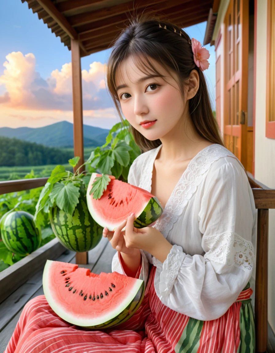 absurdres, best quality, masterpiece, ultra detailed beautiful photograph, close up face
BREAK
Japanese girl sitting on the veranda and eating watermelon on a summer evening is like a quintessential image of a Japanese summer. Under the sky painted red by the setting sun, girl sit on the veranda, enjoying the cool breeze and savoring the watermelon.