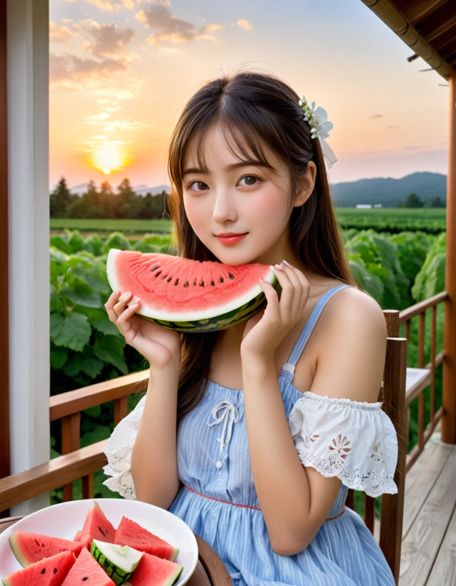 absurdres, best quality, masterpiece, ultra detailed beautiful photograph, close up face
BREAK
Japanese girl sitting on the veranda and eating watermelon on a summer evening is like a quintessential image of a Japanese summer. Under the sky painted red by the setting sun, girl sit on the veranda, enjoying the cool breeze and savoring the watermelon.