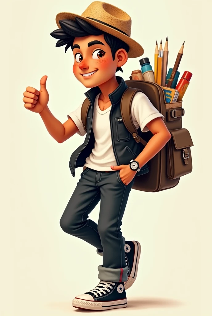 Create an image of a character that represents the institutional image of contemporary art types like legends, friendly, that contains an adult face, charismatic, his clothing has a white shirt, black wool vest, cloth pants, converse canvas, toquilla straw hat, Ecuadorian complexion, contemporary adult youth age, short ears, that he has a backpack with artist supplies, like colored pencils, cardboard, paintings, technological resources for arts; His face must have natural eyes, splattered nose, smiling mouth; the character must be in a dynamic pose in motion, in perspective that shows dynamism and movement in his body, with their right hand indicating a like.