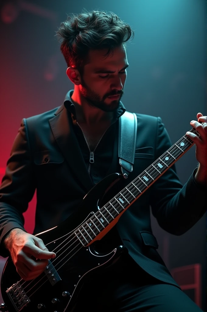 A Man Playing a Black Bass Guitar named Alex 