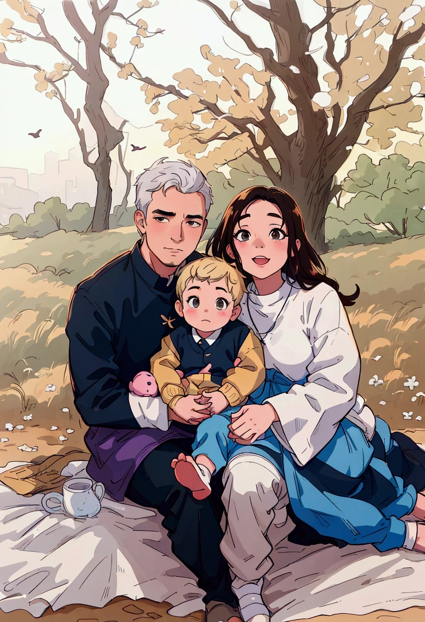 (best quality:0.8) perfect anime illustration, a man and woman sitting on a blanket with a baby, husband wife and son, portrait of family of three, family portrait, family photography, happy family, full protrait, stylized photo, 2019 trending photo, full body photograph, family photo, by Kristin Nelson, full body photogenic shot, instagram photo, mid portrait, transparent background, medium portrait