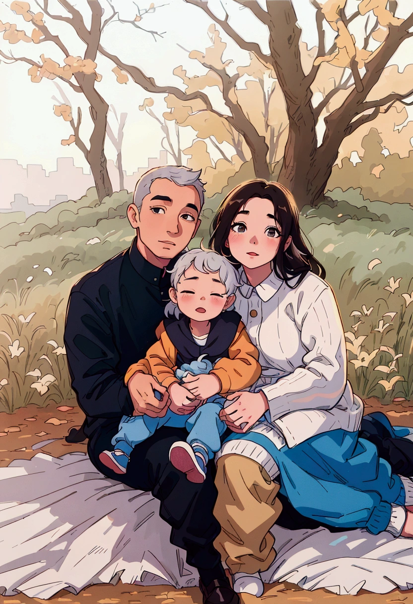 (best quality:0.8) perfect anime illustration, a man and woman sitting on a blanket with a baby, husband wife and son, portrait of family of three, family portrait, family photography, happy family, full protrait, stylized photo, 2019 trending photo, full body photograph, family photo, by Kristin Nelson, full body photogenic shot, instagram photo, mid portrait, transparent background, medium portrait