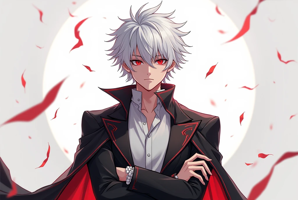Male anime character with white hair and red eyes, with arms crossed