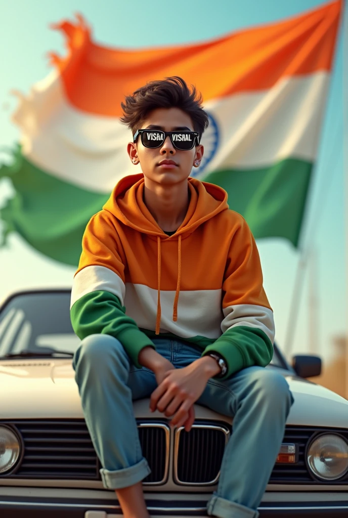 Create a realistic photo of a 16 year old boy sitting on the car, wearing a indian flag color hoodie, sunglasses with the name ‘VISHAL’ printed across it. The background features a Indian flag fluttering in the wind.”