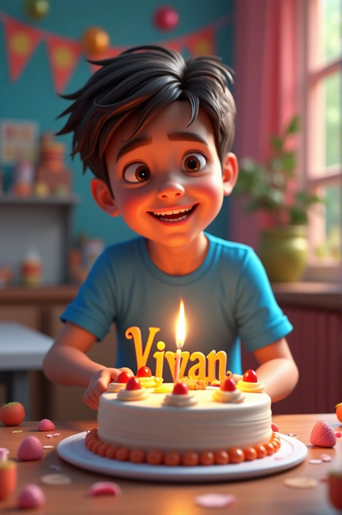Create a 3d image in which a ager boy cutting Cake wearing blue color shirt with Name "Vivan" is written clearly on the Cake and 5 year candle burning on the Cake, image features with birthday decorated view, realistic image, background decorated with birthday items. 