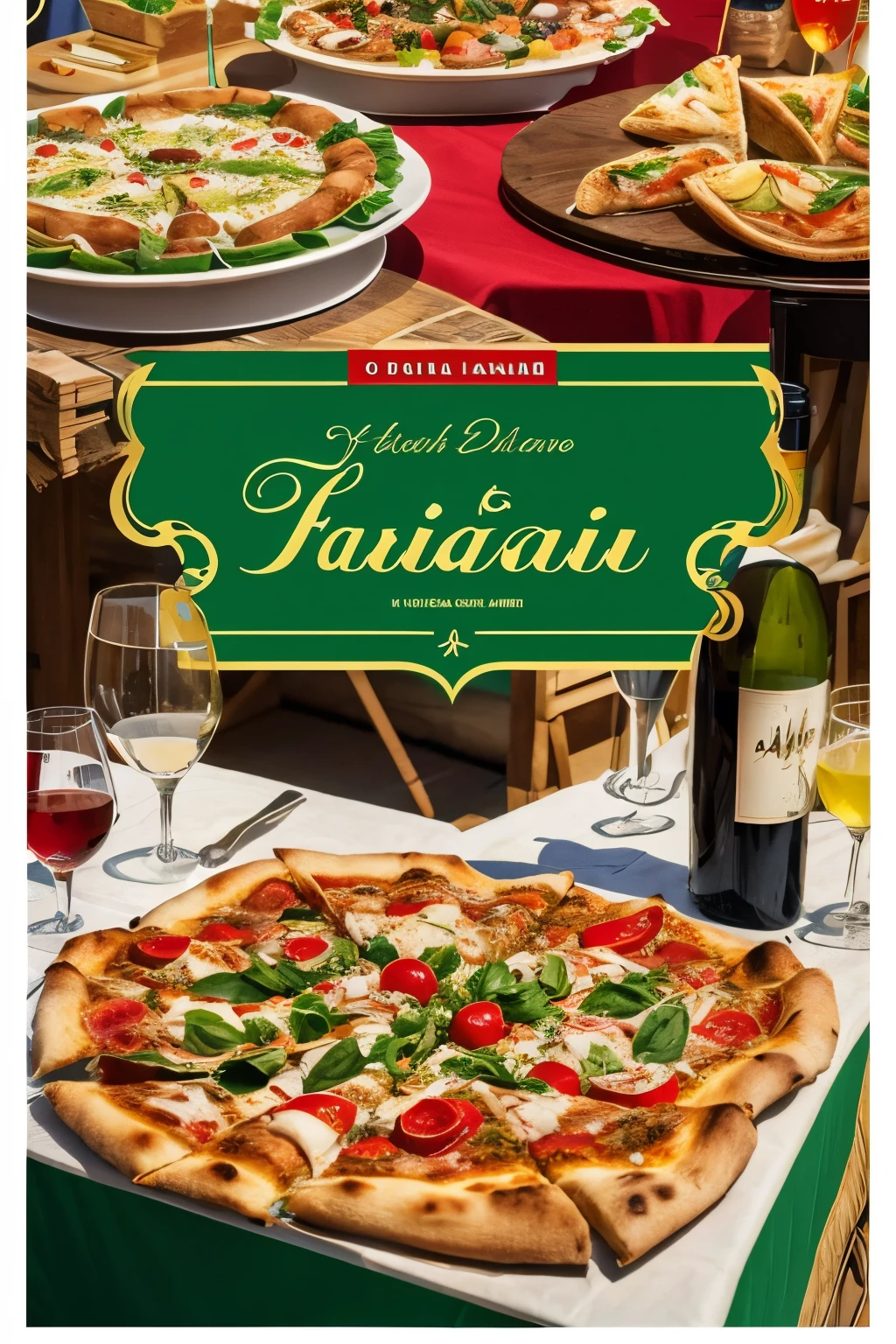 A vibrant and inviting Italian fair poster. The design features an elegant layout with rich green, white, and red color accents, inspired by the Italian flag. A delicious spread of Italian dishes, including pasta, pizza, and antipasto, is prominently displayed in the center. The background includes subtle images of classic Italian architecture, like the Colosseum or a Venetian canal, adding a cultural touch. Bold, stylish text announces the 'Italian Fair' with a catchy tagline, and key details like dates and special offers are clearly highlighted. Decorative elements include wine glasses, olive branches, and fresh tomatoes, all in a modern, clean design style