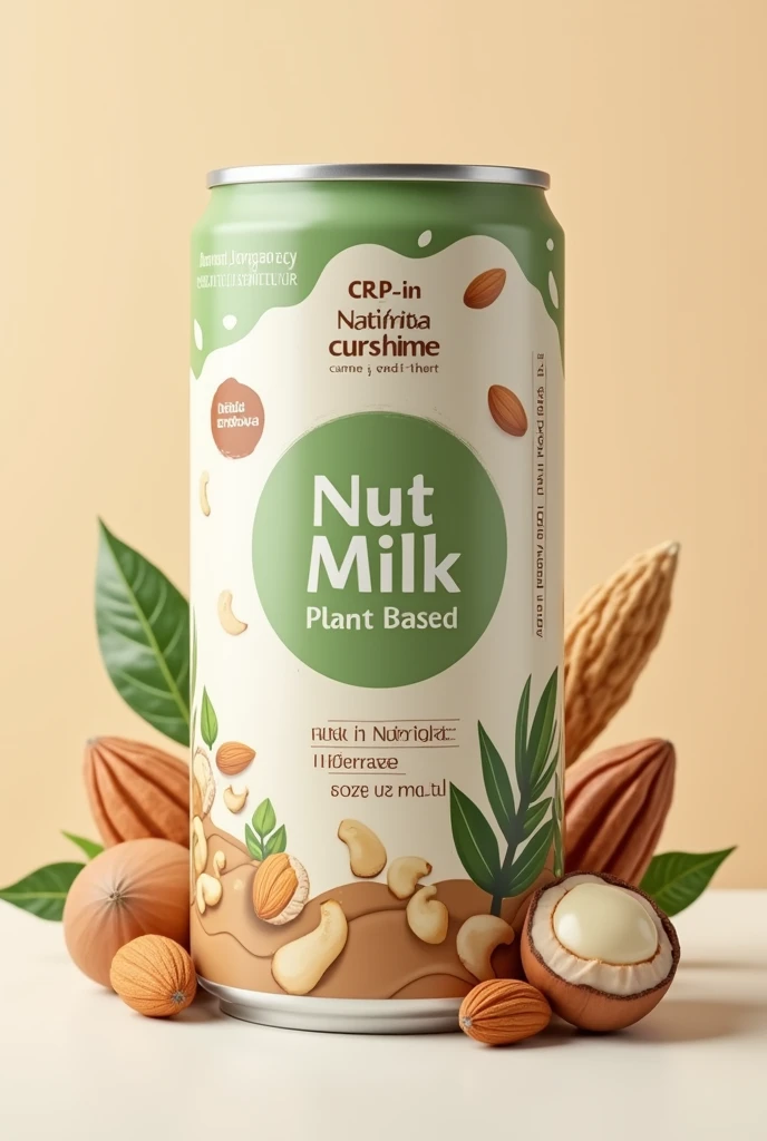 Create an image of an attractive and eye-catching can of plant-based nut milk. The can should have a modern, clean design with a focus on health and nutrition. Include illustrations of various nuts like almonds, cashews, and hazelnuts around the label. The color scheme should be earthy and natural, using tones like green, brown, and beige. The branding should be sleek and professional, with the product name prominently displayed. Add elements that highlight the product's benefits, such as 'Rich in Nutrients' or 'All Natural Ingredients.' The can should be set against a simple, clean background that emphasizes its appeal to health-conscious consumers.