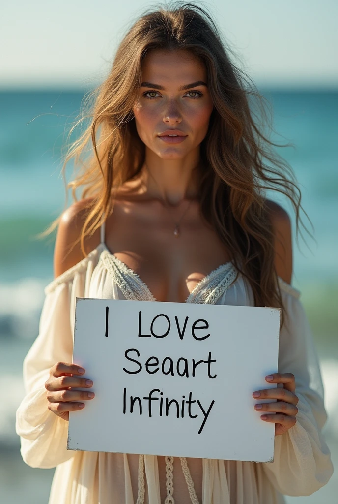 Beautiful girl with wavy long hair, bohemian dress, holding a white board with text "I Love Seaart Infinity" and showing it to the viewer