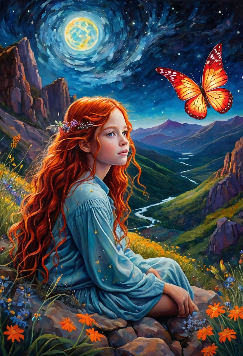 A captivating, cinematic painting of a young girl with long, curly red hair sitting on rocky terrain amidst a majestic mountainous backdrop. Her gaze is fixed on a massive, surreal butterfly with glowing, fiery wings soaring against the starry night sky. The vibrant colors and intricate detail of her face convey a sense of wonder and awe. Surrounded by wildflowers and grasses, she is immersed in the beauty of nature, creating a vivid and unforgettable scene., painting, cinematic, vibrant