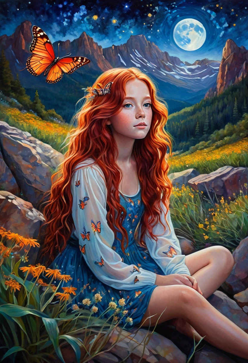 A captivating, cinematic painting of a young girl with long, curly red hair sitting on rocky terrain amidst a majestic mountainous backdrop. Her gaze is fixed on a massive, surreal butterfly with glowing, fiery wings soaring against the starry night sky. The vibrant colors and intricate detail of her face convey a sense of wonder and awe. Surrounded by wildflowers and grasses, she is immersed in the beauty of nature, creating a vivid and unforgettable scene., painting, cinematic, vibrant