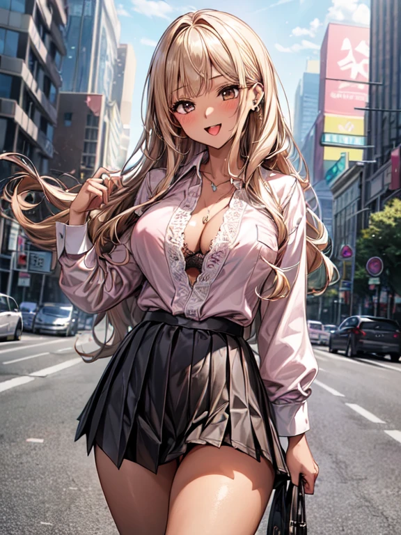 (masterpiece、Highest quality、Very detailed))、One girl、gyaru、((Brown skin:1.3))、Blonde、Long Hair、blunt bangs、Wavy Hair、Grey Eyes、evil smile、((open mouth))、((tongue out))、((lots of piercing))、medium Breasts、((open white collar shirt))、necklace、((Pink satin bra with black lace,))、((Black pleated skirt))、((micro miniskirt))、Thick thighs、
dynamic porse, 

A huge intersection, a huge building visible in the distance, a glass building, electronic bulletin boards, traffic lights, street trees, lots of people, a blurred distant view, Cowboy Shot