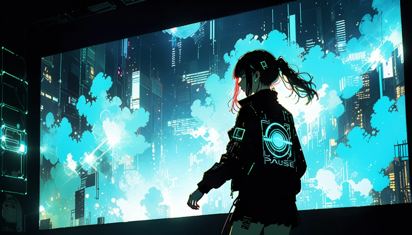 cyber punk,Female punk singer, lofi ,Run,jump,jump,Back view,Harry Clarke style,(Ashley Wood Style:1.4), (Double exposure:1.4),Thrilling footage released,cyber punk ヴェイパーウェイヴ,Holographic Projection,(Pause,Dynamic Action:1.8)