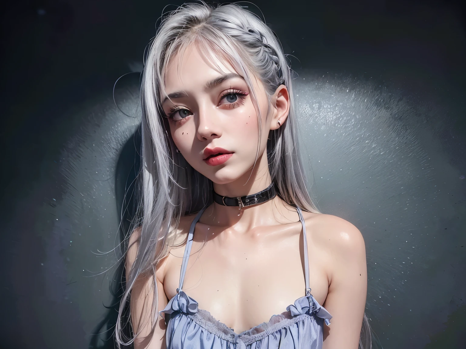 female ((30 years old)), hair ((silver, long)), eye ((silver, small eye)), clothes ((satin, 짧silver 손 드레스)), part ((horrified, hairpin)), mini breast, flat , bold makeup, 붉silver 입술,