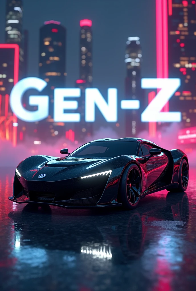 Make a graphical photo of a cool black car and in background use text 'Gen-Z' ,