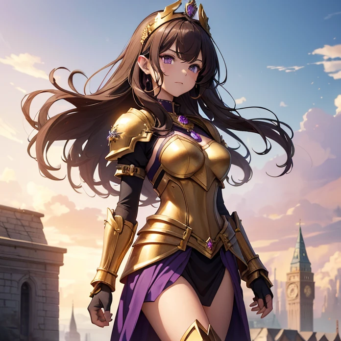 (absurdres, Masterpiece, best quality, no deformity, good anatomy, cowboy shot, front view, character alone, HD) {{1character:900 years old brown-haired elf noble mature beautiful milf princess:,(dark-brown short-messy-spiky-hair with ahoge, fair skin, purple eyes, brown eyebrows, absolute feminine elder beauty, bravery and leadership feminine),(she wears: purple power heavy armor, full heavy golden cuirass armor, full bulky big and sharped purple shoulder plates with gold trims, full armored arms and elbows in purple steel, full armored purple gauntlets, full armored steel gold hips, full armored purple legs, full steel gold longboots, steel purple helmet with gold tiara at the top, red-jeweled-gold-necklace(holding with left arm a golden blade sword)),(she is: marching at the tower, watching with courage and seriousness thevsituation),(castle's deffensive tower, radiant sun in the sky, midday light-blue sky, several golden cannons over the tower's platform)}}