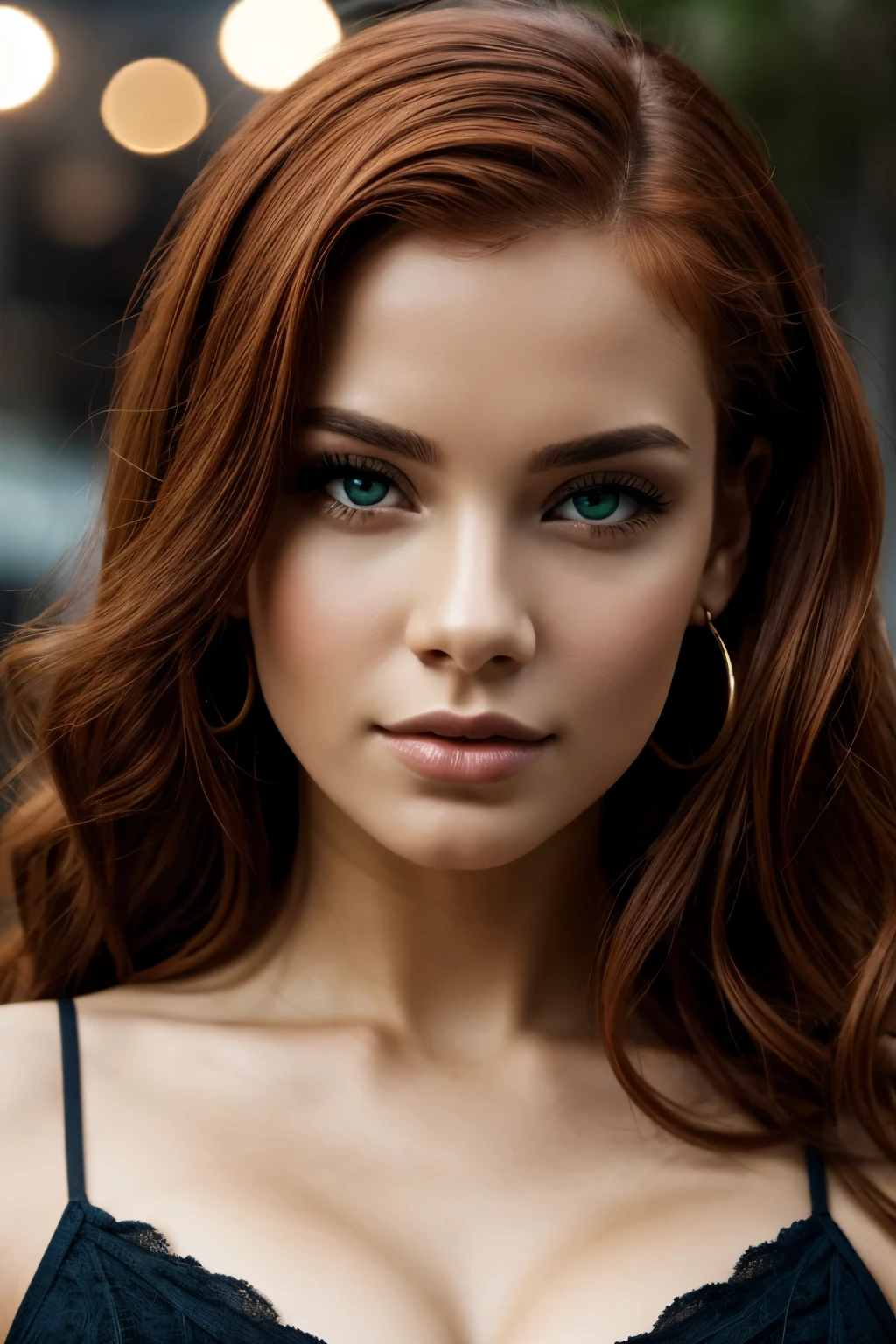 The face of a young woman, green eyes, red curls, nose piercing, ear rings, full lips, index finger in front of the lips, sexy Blick, detailed face, realistic, datailed lips