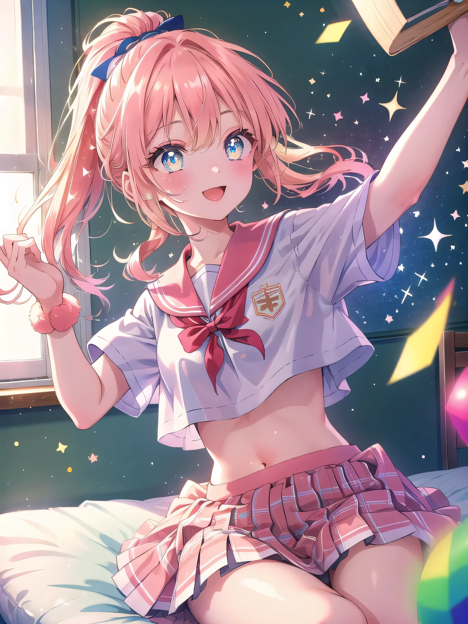 ((8k, Highest quality, masterpiece: 1.3)),Ultra-high resolution,(1 girl, alone), (Color changing eyes, Ultra-detailed, Expressive brilliance, Glitter, Glowing Eyes), Highly detailed eyes, Highly detailed face, Random Hair, ((pastel colour)),A joyful young woman with pastel peach-colored hair styled into a high ponytail, sitting cross-legged on her bed in her sunlit bedroom during a late morning. She is dressed in a sweet yet subtly sexy retro cheerleader cosplay, wearing a pleated skirt, a cropped top with a large letter on the chest, and matching pom-poms in her hands. The camera captures her from a slightly low angle as she cheers with a bright smile, her expression full of enthusiasm and spirit. The room is filled with natural light, with a small pennant flag on the wall, a few colorful cushions, and an energetic, school-spirited atmosphere.