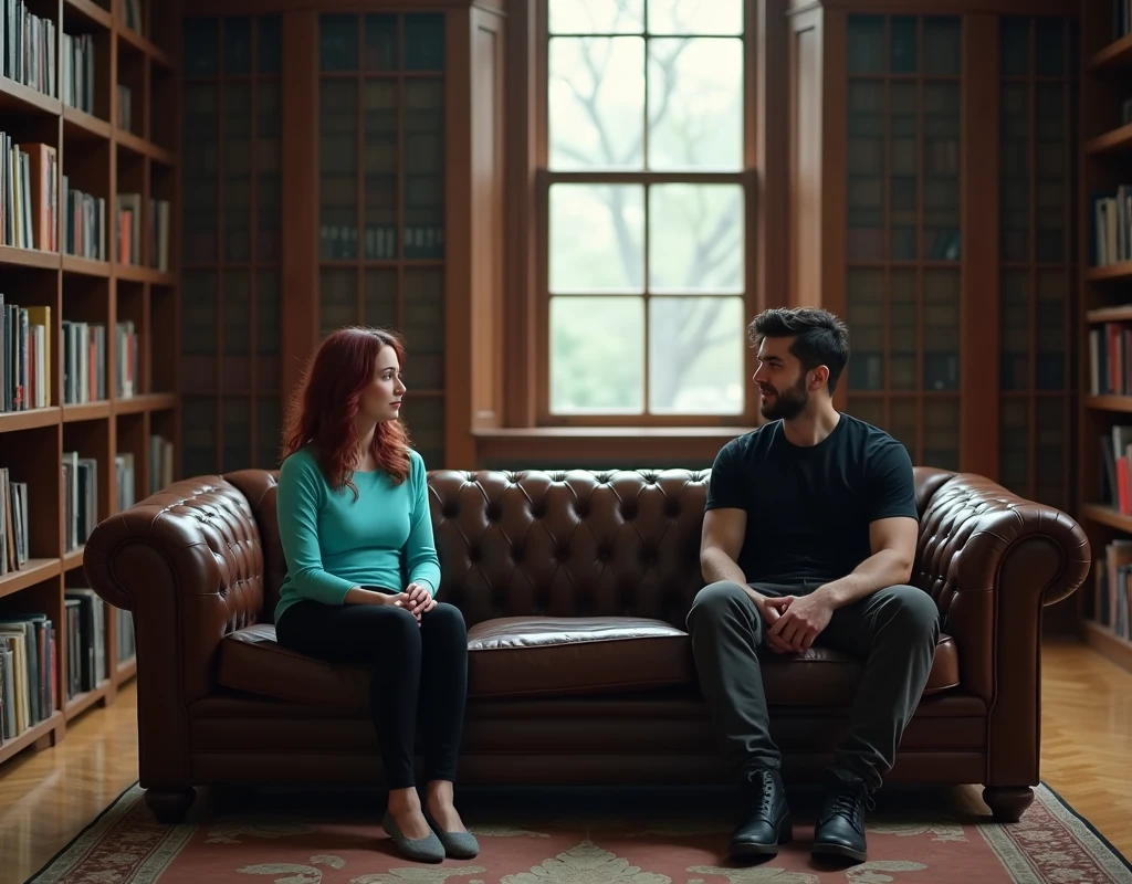 170 cm tall, 24-year-old woman with very pale skin, vibrant maroon wavy medium-length layered hair, parted to the side, fit figure, long turquoise top, black pants and grey flats with a tentative expression sits to the side of a very tall 209 cm tall, 29-year-old muscular attractive man with black short layered swept back wavy crew cut hair, short black facial hair, Mediterranean-Native American features, black t-shirt, black cargo pants, black hiking boots, kind smile expression, sitting on the other side of three seater couch right underneath a window inside a huge empty dark wood library. Photorealistic, cinematic.