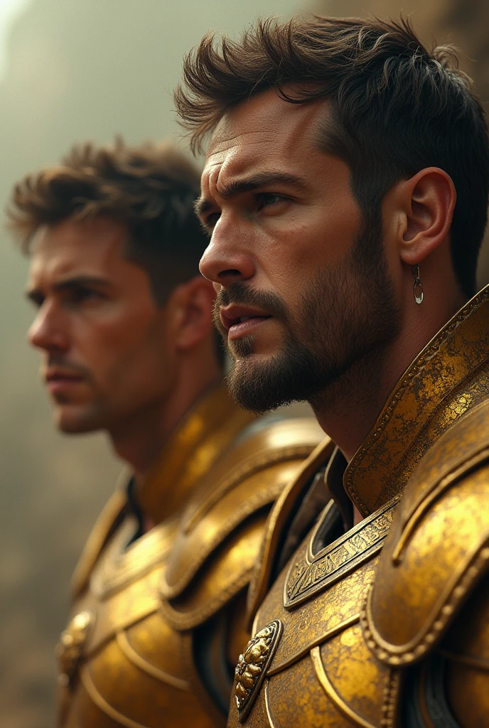 Create an image showing the faces of 2 warrior angels in warrior armor, these angels must have a masculine appearance. golden armor and quite shiny. These angels must be crying and with distress on their faces from much sadness and lamentation.