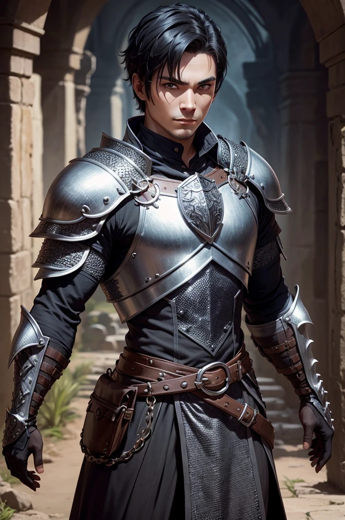 estilo de aigenerated, posing looking forward, one  men, wearing chainmail armor, short black hair, rpg character portrait.