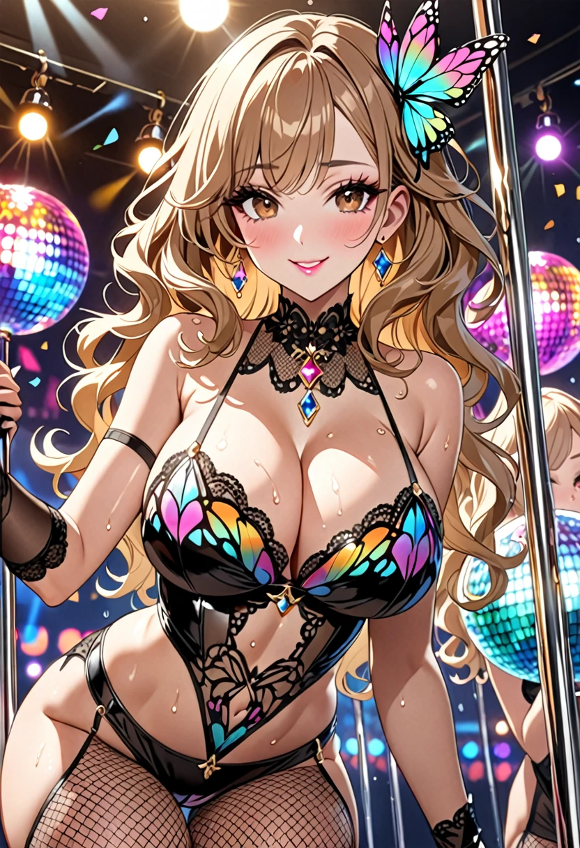 (Highest quality, Ultra-high resolution、The most complex and detailed depiction、masterpiece、8k, RAW Photos, Best image quality、Very detailedな顔、Attention to detail、Beautiful woman、Realistic、photo-Realistic、Very detailed, Beautiful attention to detail:1.5),(One adult woman:1.3)、(blush)、(Gal-style makeup、mascara 、eyeshadow、Dark eyeliner、Long and beautiful eyelashes、False eyelashes、double eyelid、heavy makeup、hostess、Brown eyes:1.5),(A bra with a pale rainbow gradient butterfly pattern、Light rainbow gradient butterfly pattern panties:1.5)、Gorgeous jeweled necklace、Gold bracelet、A gorgeous gold tiara studded with jewels、Sheer black lace dress、Mesh fabric、Fishnet tights,(Black opera gloves)、(A seductive smile),(under boob、Huge breasts:1.2)、(Cleavage:1.2)、(((Light brown hair、Wavy Hair、short hair)))、elongated nose、Face with gills、(Perfect Style,sexy)、Saggy breasts、Large saggy breasts、((Sweat、Your body is wet))、((Dim Club、pole dance、Mirror ball))、Sleepy face
