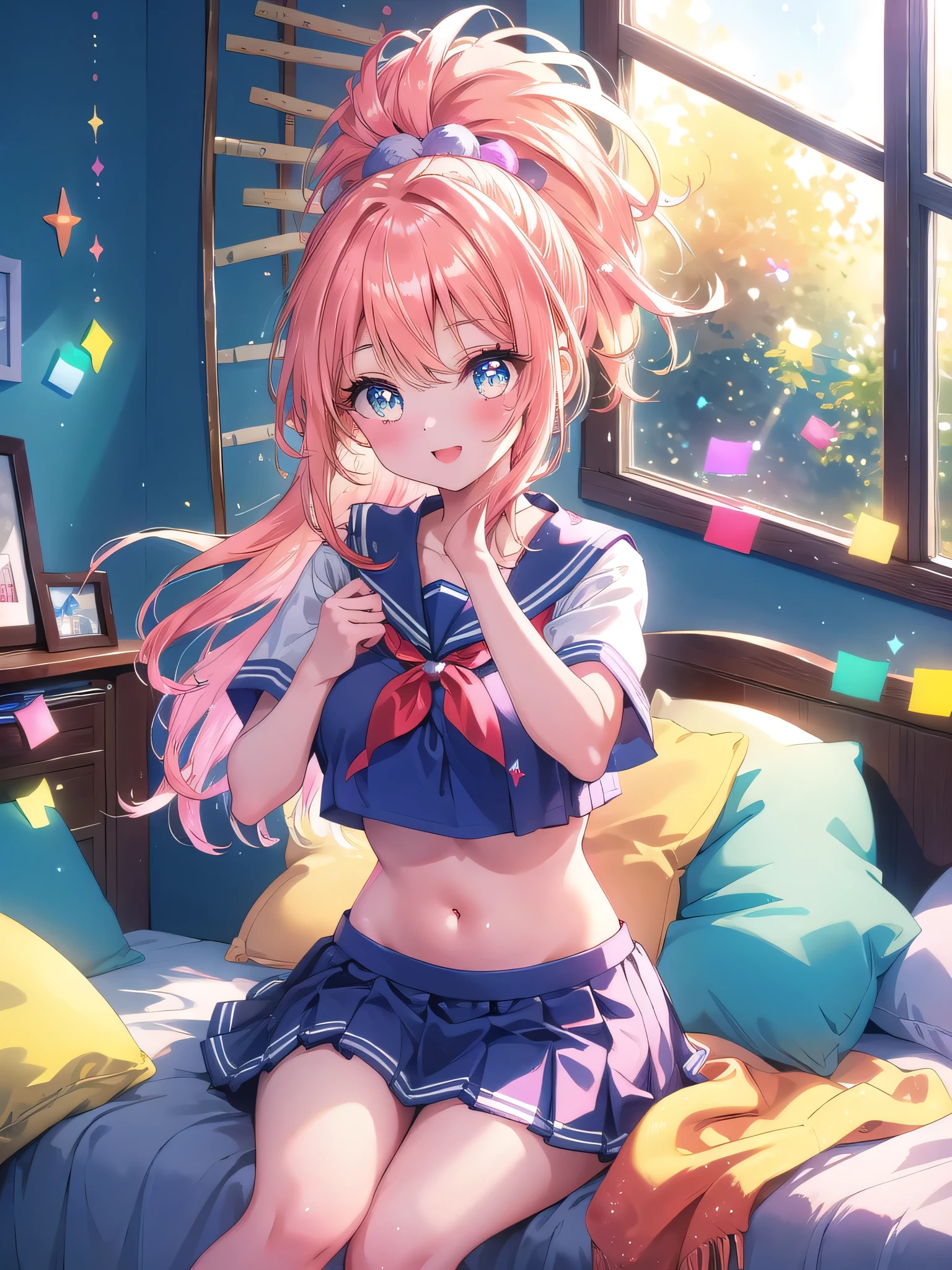 ((8k, Highest quality, masterpiece: 1.3)),Ultra-high resolution,(1 girl, alone), (Color changing eyes, Ultra-detailed, Expressive brilliance, Glitter, Glowing Eyes), Highly detailed eyes, Highly detailed face, Random Hair, ((pastel colour)),A joyful young woman with pastel peach-colored hair styled into a high ponytail, sitting cross-legged on her bed in her sunlit bedroom during a late morning. She is dressed in a sweet yet subtly sexy retro cheerleader cosplay, wearing a pleated skirt, a cropped top with a large letter on the chest, and matching pom-poms in her hands. The camera captures her from a slightly low angle as she cheers with a bright smile, her expression full of enthusiasm and spirit. The room is filled with natural light, with a small pennant flag on the wall, a few colorful cushions, and an energetic, school-spirited atmosphere.