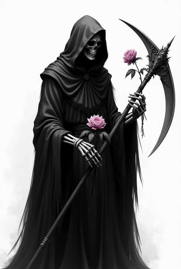 Grim reaper with a flower in hand and scythe in other hand in balck and white