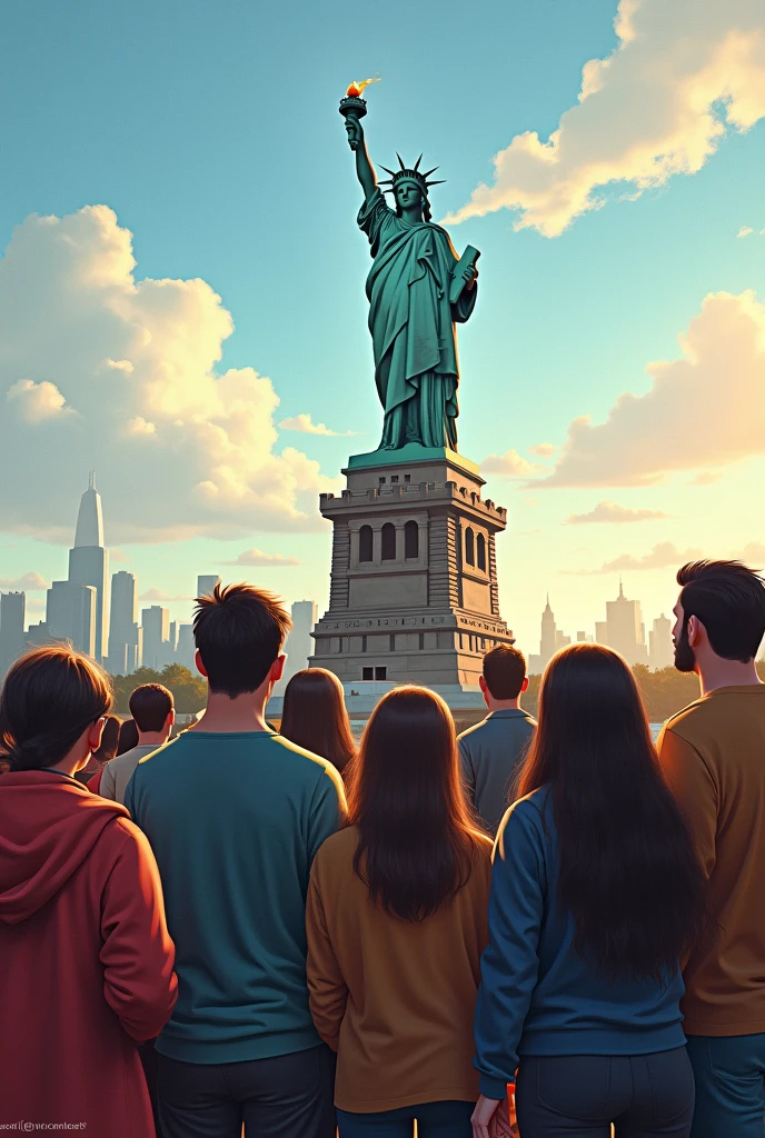 Characters with the Statue of Liberty in the background