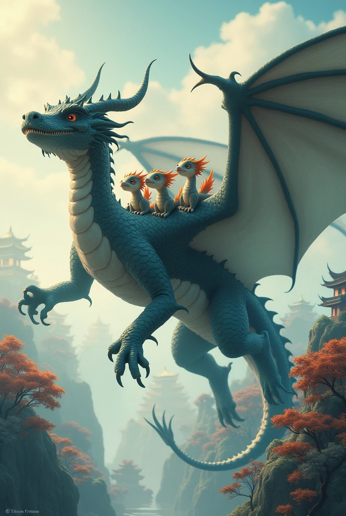 A deep gray dragon,huge,fly,Don't need wings,with a few small dragons on its back,cute style,Chinese style in the background