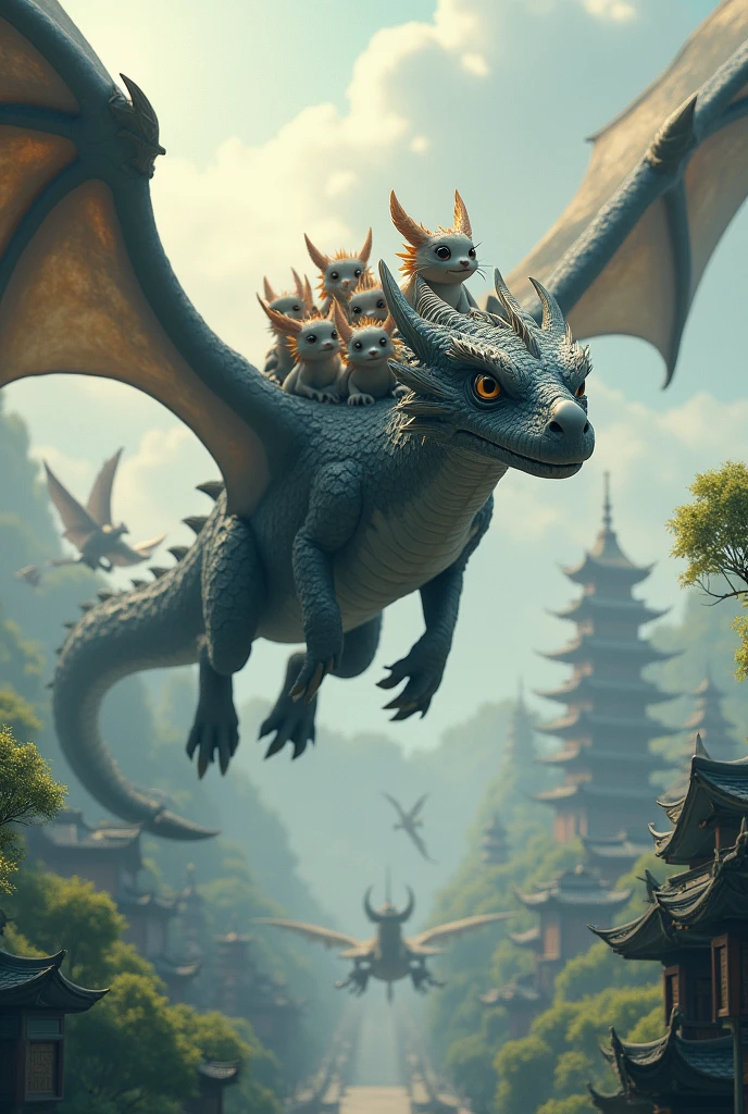 A deep gray dragon,huge,fly,Don't need wings,with a few small dragons on its back,cute style,Chinese style in the background