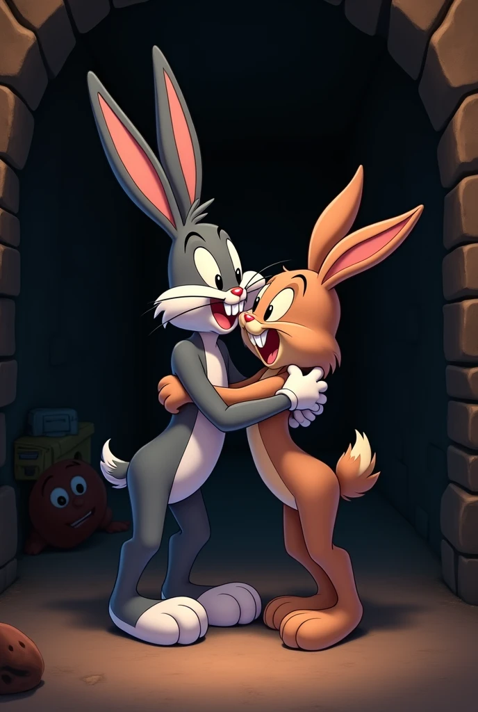 Create Bugs Bunny with Lola, in a blackout, There is no light, 2D anime style, Beautiful , realist, Beautiful body, hugged, inside his burrow