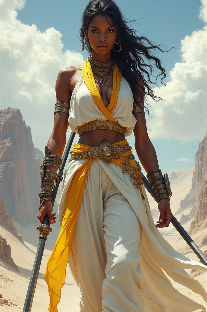 Strong, dark-skinned female warrior who wears white and yellow clothes.