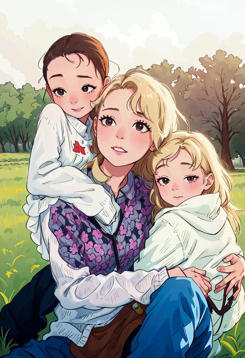 (best quality:0.8) perfect anime illustration, a woman and two children sitting on the grass in a field, husband wife and son, portrait of family of three, mom, multiple, 7 0 mm portrait, high quality portrait, profile pic, profile image, photo of a beautiful, family photography, mix, ???, 60mm portrait, mixed art, katey truhn, by Kristin Nelson, full protrait