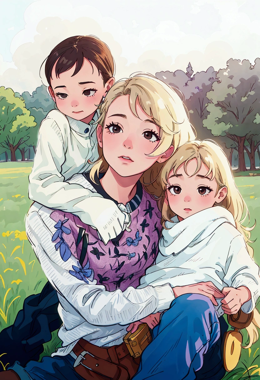 (best quality:0.8) perfect anime illustration, a woman and two children sitting on the grass in a field, husband wife and son, portrait of family of three, mom, multiple, 7 0 mm portrait, high quality portrait, profile pic, profile image, photo of a beautiful, family photography, mix, ???, 60mm portrait, mixed art, katey truhn, by Kristin Nelson, full protrait