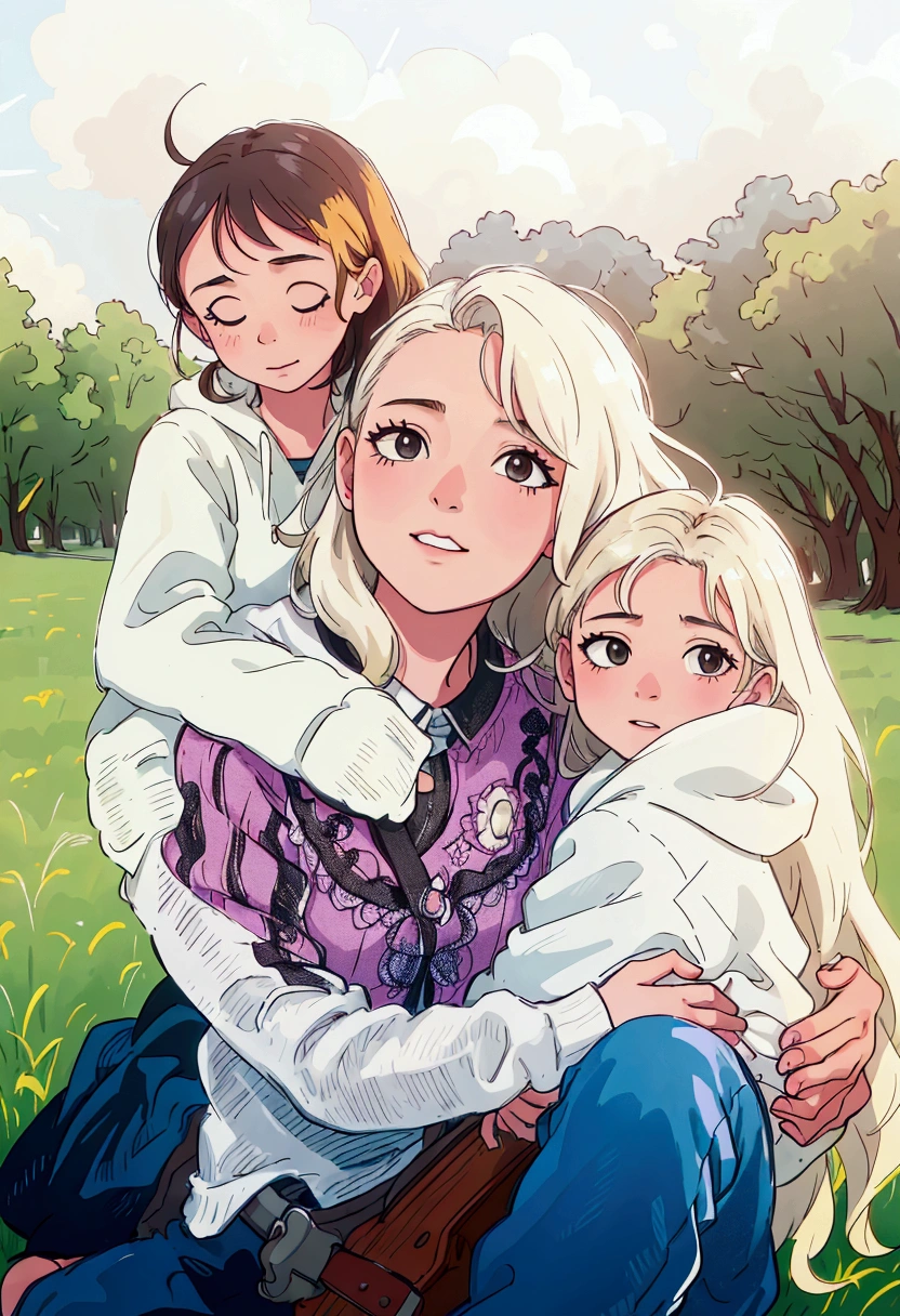 (best quality:0.8) perfect anime illustration, a woman and two children sitting on the grass in a field, husband wife and son, portrait of family of three, mom, multiple, 7 0 mm portrait, high quality portrait, profile pic, profile image, photo of a beautiful, family photography, mix, kid, 60mm portrait, mixed art, katey truhn, by Kristin Nelson, full protrait