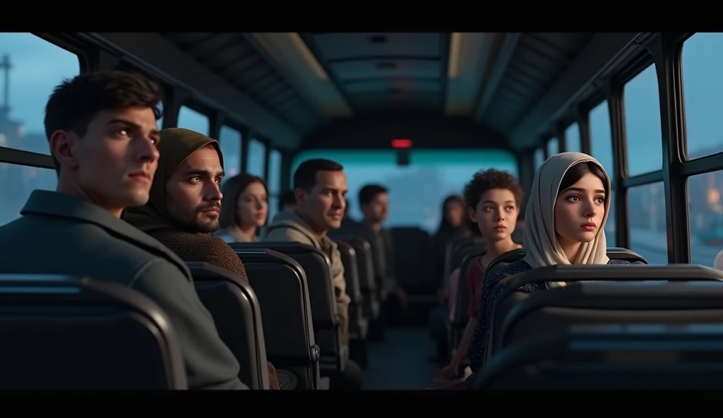 Generate a highly realistic 3D image of the interior of a bus at night, featuring a group of normal, realistic-looking people. The passengers include Dr. Arif, a middle-aged man who looks slightly concerned, sitting next to his wife Zainab. Their two children are with them, appearing calm and quiet. Nearby is Josh, a young student, looking thoughtful, and Fatima, a tourist, who is enjoying the journey and observing her surroundings. The bus is dimly lit, with subtle reflections of the outside darkness. The faces of all the characters should look natural and lifelike, with expressions matching their emotions