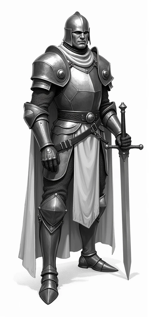 a black and white drawing of a knight in armor with a sword in his hand, inspired by Hazel Armour, concept art, dnd character design concept art, warrior dnd character, dnd character concept, a human male paladin, warrior character design, male paladin
