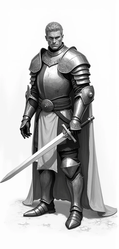 a black and white drawing of a knight in armor with a sword in his hand, inspired by Hazel Armour, concept art, dnd character design concept art, warrior dnd character, dnd character concept, a human male paladin, warrior character design, male paladin