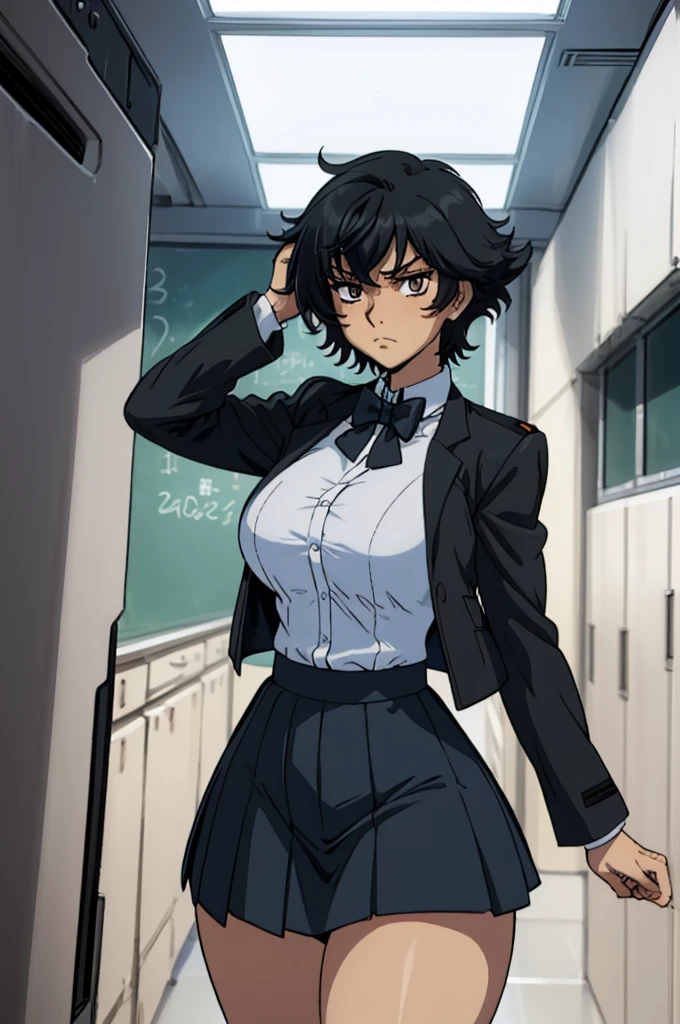 closed mouth, (), ((1girl)), (((genderbend))), (((female))), wide hips, thick thighs, huge breast, narrow waist, ((school uniform)), ((white shirt)), ((blue bowtie)), ((school full of people)) (black short skirts), (((black jacket))), ((anime artstyle)), long eyelashes, long black hair, bored , (((at day)))